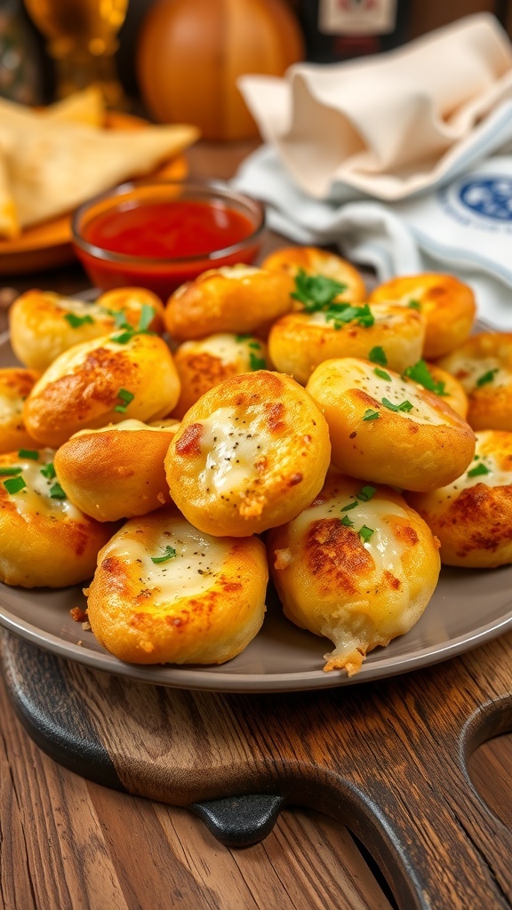 Cheesy Garlic Bread Bites Recipe Cheesy garlic bread bites on a plate, garnished with parsley, served with marinara sauce.